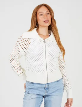 Crochet Knit Womens Zip Through Cardigan - - Size: XS - Brave soul - FashionsVida