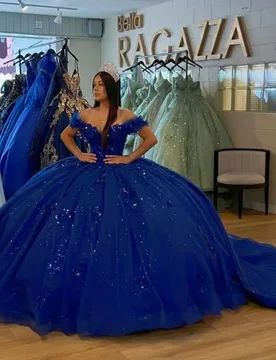 Shiny royal blue Quinceanera Dress off-shoulder glitter Lace flower decal Long tail vestidos de 15 Quinceanera ﻿Customize - Aliexpress - FashionsVida