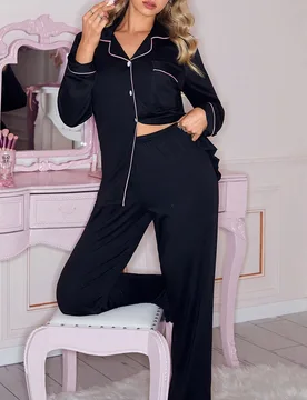 Conjunto de pijama de top de manga larga con cuello vuelto y pantalones casuales para mujer L - Shein - FashionsVida