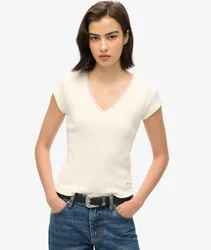 Superdry Damen Athletic Essentials Oberteil mit Spitzenbesatz und V-ausschnitt Weiß - Größe: 14-16