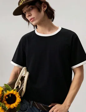 Camiseta de manga corta de cuello redondo con ribete contrastante, para uso casual diario de hombre L - Shein - FashionsVida