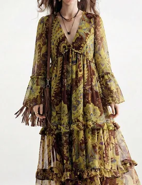 Vestido fluido de gasa con estilo bohemio y volantes, de corte holgado, cuello en V profundo y manga larga L - Shein - FashionsVida