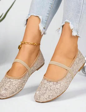 Nuevos zapatos Mary Jane elegantes y transpirables de malla con bordado floral para mujer, sin cordones, punta cuadrada, planos, color caqui, lindos z - Shein - FashionsVida
