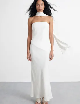 Women's Strapless Structured Bodice Satin Midi Dress in Ivory Size: 12 - Ivory - Size: 12 - Warehouse - FashionsVida