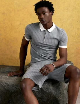 Slim Fit Pinstripe Half Zip Polo Shirt Grey male - River Island - FashionsVida