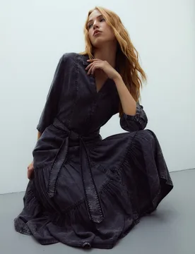 Vestido midi camisero tencel manga francesa - Andam - FashionsVida