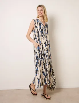Metallic Abstract Printed Collarless V Neck Dress - S/M / BLUE - female - Blue Vanilla - FashionsVida