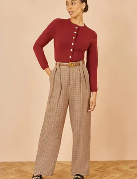 Women's Brown Check Wide Leg Trousers Size: 16 - Brown - Size: 16 - Yumi - FashionsVida