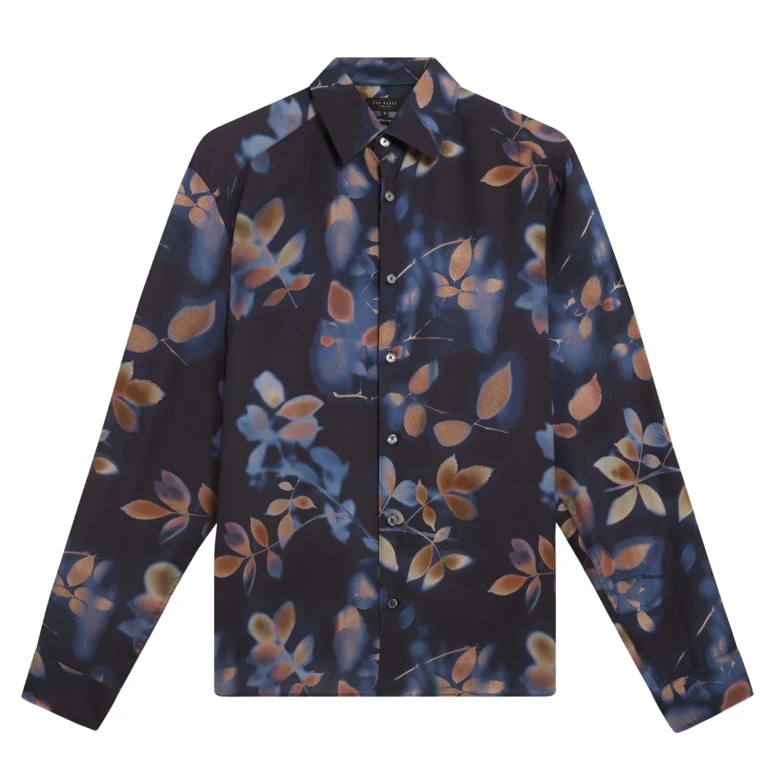 Mens Kalmill Regular Fit Leaf Shadow Print Navy Shirt Lyocell - Size Medium - Ted baker - FashionsVida