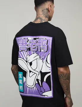 Herren Groß Übergroßes Donald Duck Lizenz-Print T-Shirt Black Größe Small - boohooMAN - FashionsVida