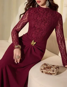 Vestido midi elegante de verano para mujer en color burdeos, manga de encaje, estilo maduro, de punto para otoño, con cintura fruncida, hebilla de ma - Shein - FashionsVida