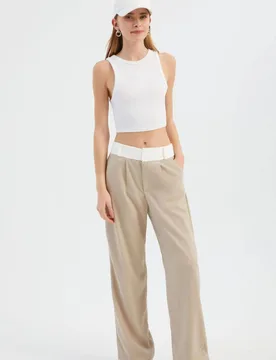 Womens High Waist Straight Leg Trousers With A Belt Detail - Beige - Size Large - Hiccup - FashionsVida