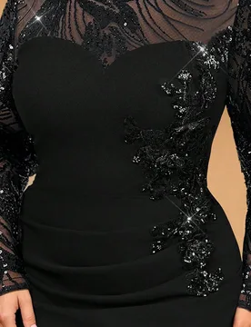 Vestido formal elegante y romántico de talla grande, color verde oscuro, cuello barco, manga larga, transparente, lujoso, con parches bordados, tejid - Shein - FashionsVida