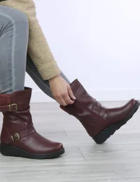 Women's Low Wedge Heel Knit Collar Biker Calf Boots in Burgundy Size: 5 - Burgundy - Size: 5 - Ajvani - FashionsVida