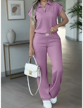 Conjunto casual de 2 piezas para mujer, top de manga corta de unicolor combinado con pantalones con estampado de logotipo de corazón, adecuado para u - Shein - FashionsVida