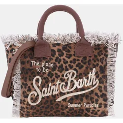 Bolso mediano de tejido canvas con asas de mano y logo a contraste animal print y flecos en la parte superior
