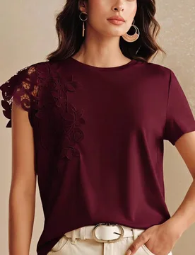 Nueva camiseta de mujer de verano minimalista elegante de moda casual para ir al trabajo con mangas asimétricas y patchwork de encaje floral M - Shein - FashionsVida