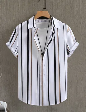 Camisa casual de manga corta con botones en el cuello y rayas para hombres (estampado aleatorio), camisa de verano para hombres, camisa a rayas, camis - Shein - FashionsVida