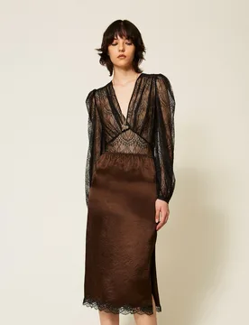 Jupe mi-longue en satin froissé et dentelle - TWINSET - FashionsVida