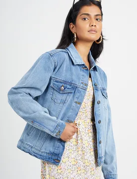 Womens Mid Blue 'Blooms' Western Style Denim Jacket Cotton - Size 8 Uk - Brave soul - FashionsVida