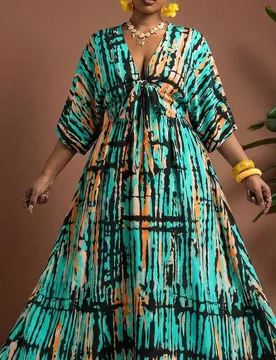 Vestido Negro Talla Grande con Nudo Delantero y Manga Murciélago Otoño Vacaciones Fiesta Bohemio 5XL - Shein - FashionsVida