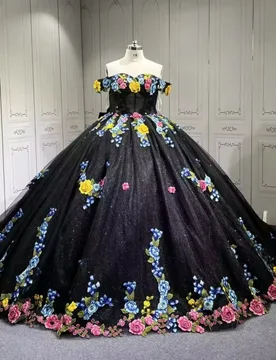 Black Shiny Quinceanera Dresses Off The Shoulder Applique Lace Tull Party Birthday Sweet 16 Dress Vestidos 15 De Anos - Aliexpress - FashionsVida