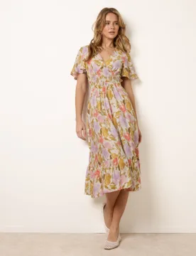 Floral Print Angel Sleeve Midi Dress - M / MULTI - female - Blue Vanilla - FashionsVida
