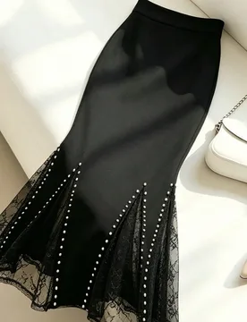 Falda larga elegante y sexy de mujer con patchwork de encaje, perlas y cola de sirena S - Shein - FashionsVida