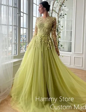 Olive Green Evening Dress Customized Round Neck Long Sleeves Beading Flower Lace Robe De Soiree Prom Dresses Party Gown - Aliexpress - FashionsVida