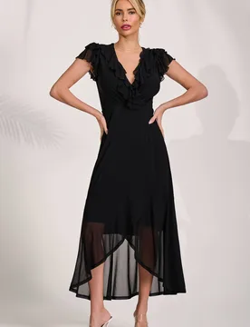Women's Ruffled Mesh Maxi Dress in Black Size: 12 - Black - Size: 12 - Jolie Moi - FashionsVida