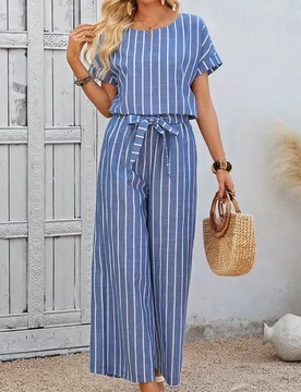 Conjunto de 2 piezas de top de manga corta de cuello redondo a rayas y pantalones para mujeres, conjunto de ropa de vacaciones de 100% algodón, apto - Shein - FashionsVida