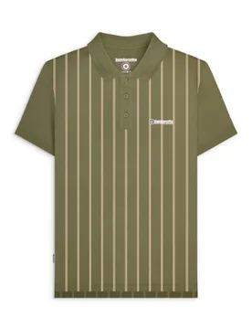 Mens Khaki Cream Pinstripe Polo Shirt - Male - Green - Large - Lambretta - FashionsVida
