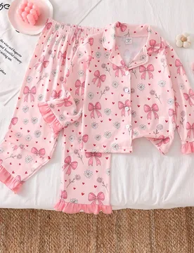 Conjunto de cardigan con cuello de lazo y estampado floral y pantalones para niñas - Shein - FashionsVida