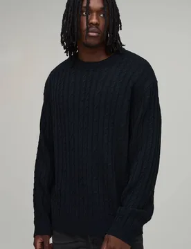 Herren Tall Entspannt Geschnittener Zopfmuster Gestrickter Pullover Black Größe Medium - boohooMAN - FashionsVida
