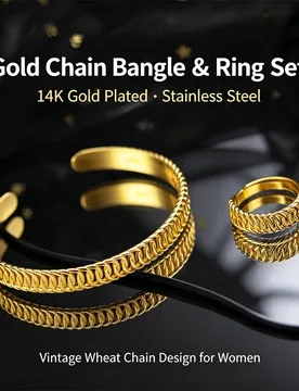 K Gold Plated Stainless Steel Bangle for Men Women, Vintage Wheat Chain Open Cuff Bracelet, Hypoallergenic Unisex Jewelry Gift - Aliexpress - FashionsVida