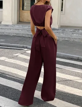 Conjunto de 2 piezas para mujer de blusa de cuello redondo de manga corta y pantalones en color liso, conjunto informal M - Shein - FashionsVida