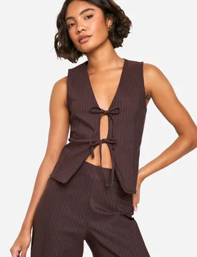 Womens Tall Tie Front Pinstripe Waistcoat - Chocolate Viscose - Size 16 Uk - Boohoo - FashionsVida