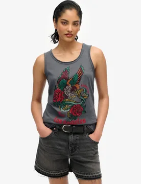 Superdry Damen Neo Trad Tattoo Tanktop mit Rundhalsausschnitt Schwarz - Größe: 38 - 39.99 - FashionsVida