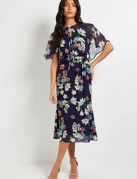Womens Cape Sleeve Ruched Midi Dress - Navy - Size 16 Uk - Wallis - FashionsVida