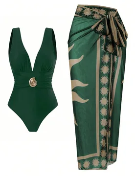 Traje de baño de 2 piezas para mujer, de color verde sólido, con vendaje y falda larga estampada de red, conjunto de traje de baño para vacaciones - Shein - FashionsVida