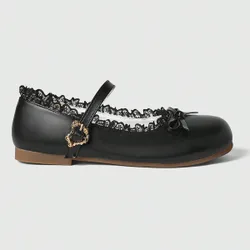 Mocasines negros para mujer con punta cerrada, zapatos Mary Jane con lazo y encaje, zapatos de ballet Lolita EUR38