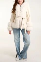 Panel Faux Fur Pu Zip Coat - L / STONE - female