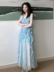 A new stylish blue halter top dress with unique design sense for people and sleeveless long skirt