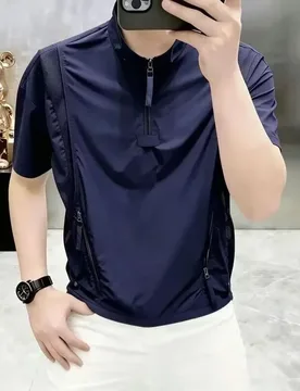 Men's Navy Blue Short Sleeve Mock Neck Zipper T Shirt Breathable Casual Top for Daily Wear Summer - Aliexpress - FashionsVida