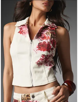 Chaleco corto de mezclilla con estampado floral y de leopardo, cierre frontal con cremallera y cuello con solapa, estilo de festival de verano M - Shein - FashionsVida