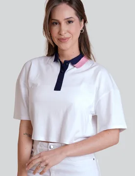 Women's Twin Tipped Collar Cropped Polo Shirt in White Size: 10 - White - Size: 10 - Enorsia - FashionsVida