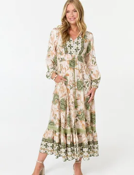 Women's Floral Tassel Tie Long Sleeve Maxi Dress Size: 10 - Multicolor - Size: 10 - Izabel London - FashionsVida