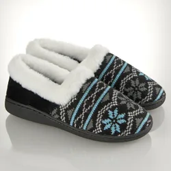 Kuschelhausschuh "Helena" mit Strickmuster blau-schwarz
