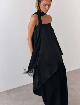 Women's Satin Asymmetric Hem Scarf Neck Top in Black Size: 12 - Black - Size: 12 - Warehouse - FashionsVida