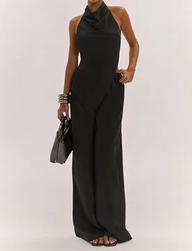 Conjunto de top halter sin espalda y pantalones de pierna ancha de unicolor y sexy para el verano S - Shein - FashionsVida